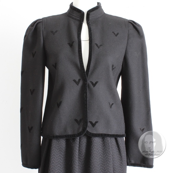 Louis Feraud Jacket Open Blazer Cropped Black Wool Velvet Trim Sz 36 Vintage 90s - Picture 1 of 10